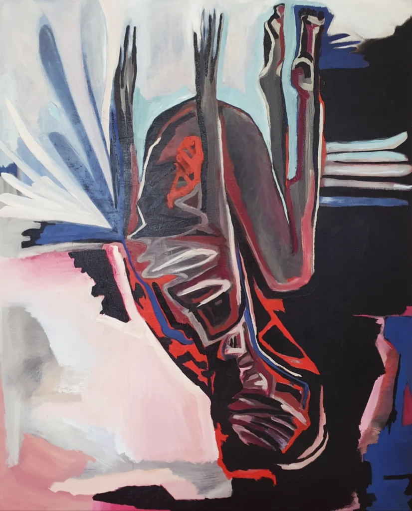 Freefall 122 x 152cm oil on canvas 2026 'Freefall' references our susceptibility to falling into addiction.