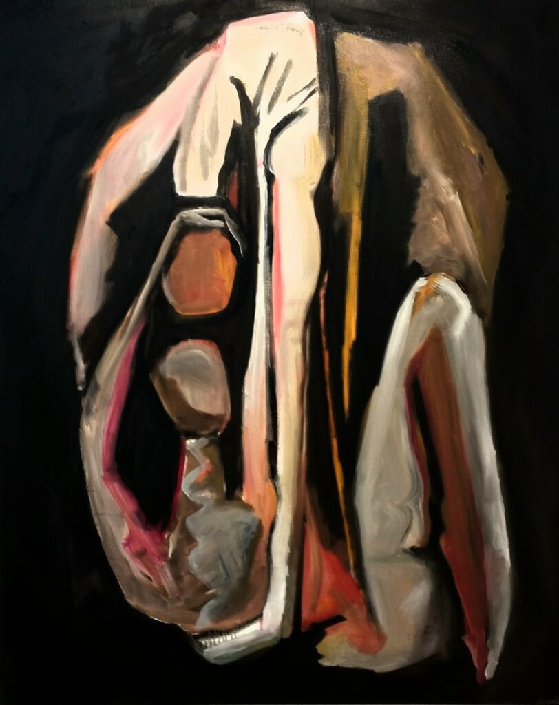 Trust, 122 x 152cm oil on canvas 2018 sold. Trust is a dynamic depiction of intimacy through the female gaze active, mutual, and embodied participation in sexual connection. It challenges historical ideals of female submissiveness and the myth of purity tied to virginity.
