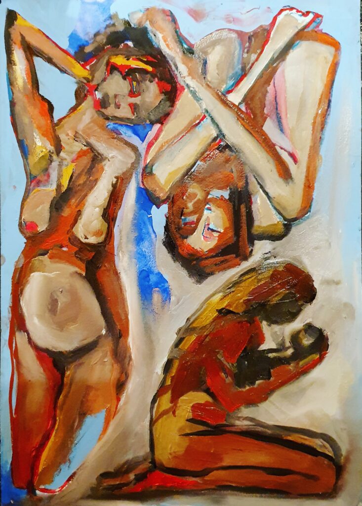 M Other, oil on paper, 42 x 30cm, 2022 Sold. The composition depicts three mothers from different faiths. The use of blue references Christian symbolism of virginity and purity. The figures are presented as both sacred and sexual, reclaiming the female form beyond traditional ideals of purity.