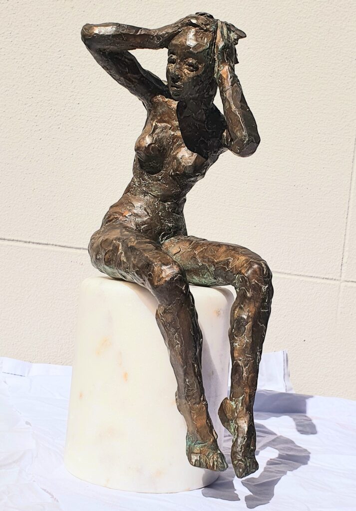 Bather, 25H x 16W x 12D cm Bronze Base Marble, 2025 Sold. I challenge male-dominated lens of Western art by reinterpreting the 'Bather' Subject in fine art history through the female gaze, reclaiming the body as a site of agency.