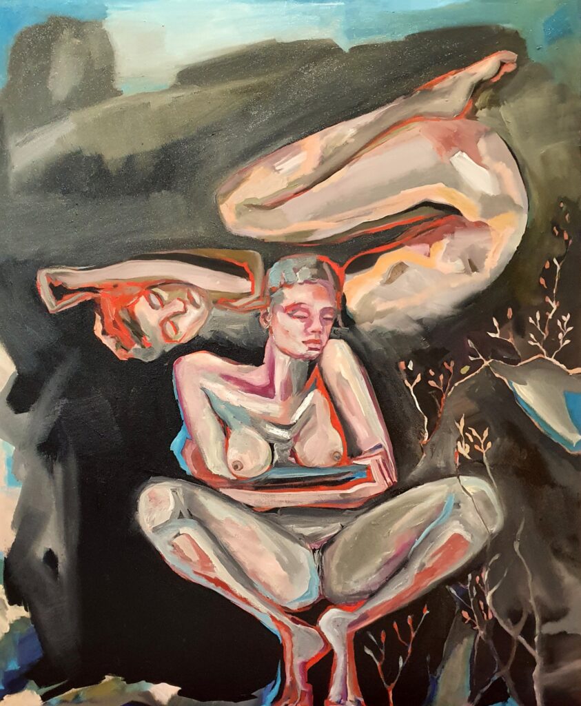 She is with Us, 122 x 152 cm Oil on canvas, 2026 A playful yet poignant autobiographical depiction of loneliness, where a floating embryonic figure represents the untethered self, while a nymph-like presence anchors and grounds it to the earth.