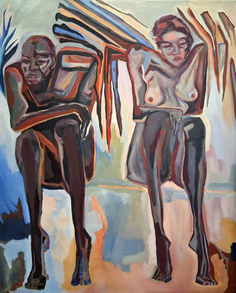 Seated Angels 122 x 152 cm oil on canvas 2026. Snell offers an alternative imagery of the gates of heaven, reimagining the passage to salvation through a more inclusive lens. In doing so, the work challenges long-standing conventions that have predominantly represented angels and saintly figures as white males.