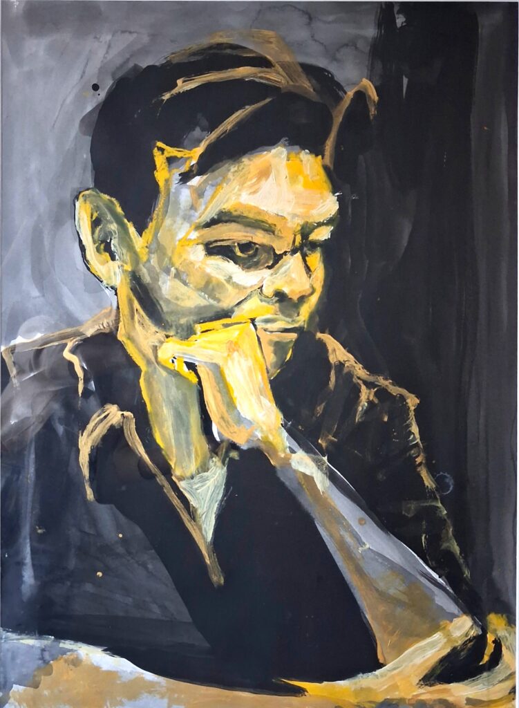 Quiet Man, 96 x 75cm Mixed Media on Paper Framed 2016 A Portrait conveying inner complexity and one’s human experience.