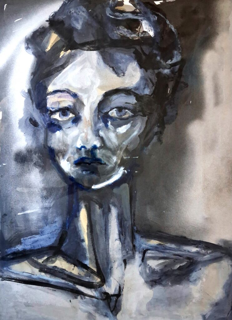 Muted, 96 x 75cm Mixed Media on Paper Framed 2016. Self Portrait. Conveying one's inner thoughts of the human experience.