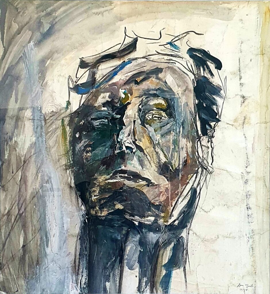 Arrest, Mix media, 86 x 81cm Framed NFS. Snell’s work explores the human experience through portraits imbued with vulnerability and resilience, an enduring theme at the core of her practice.