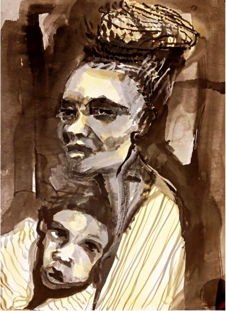 Diana, 96 x 75cm Mixed Media on Paper, Framed 2016 Sold. Snell met Diana through raising children and living in regional Australia. Diana shared her experiences of escaping unrest in Sudan and the challenges of settling in Australia. As Snell was developing the Herstory series, centred on unheard stories from the female gaze.