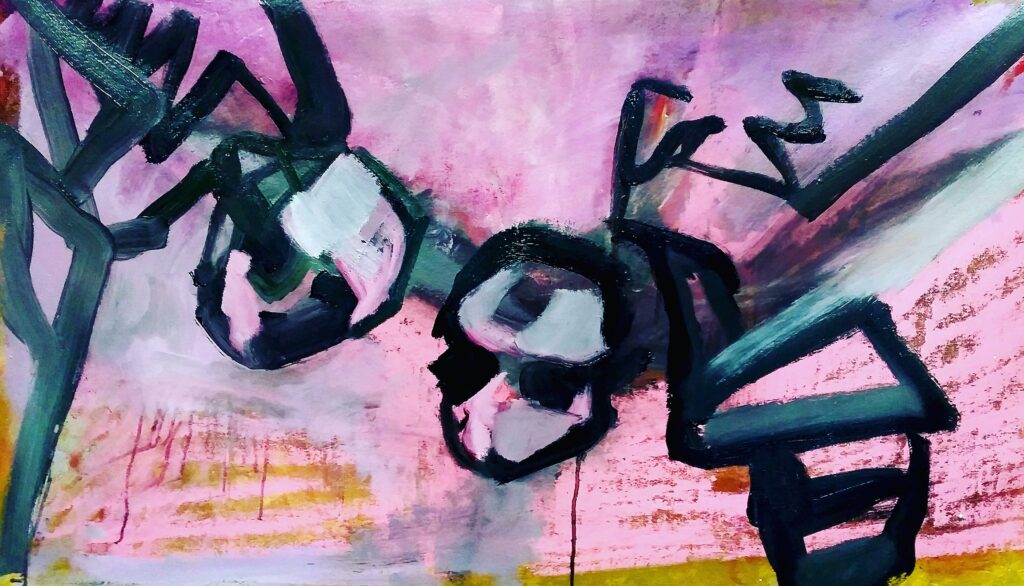 Partner 97 x 52cm, oil on canvas, 2019. Partner depicts a fragment of two bent, skeletal figures merging into a single fragile form. The painting offers a romantic meditation on codependency, where connection and collapse become indistinguishable.