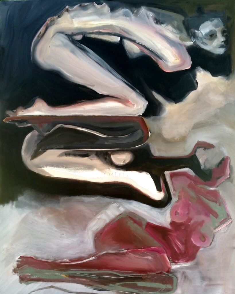 Evolving, 152 x 122cm, oil on canvas 2018. An autobiographical depiction of an evolving self.