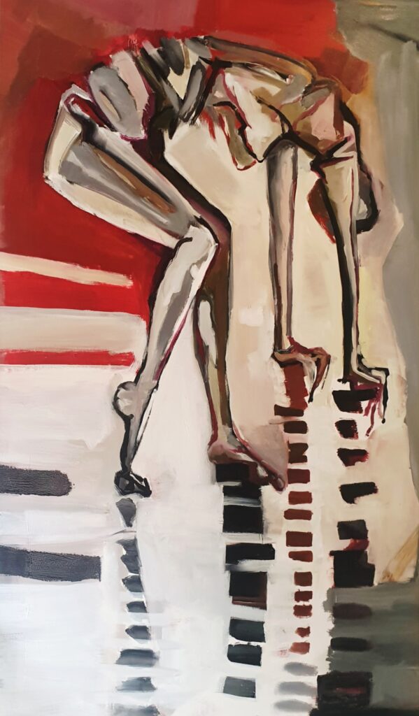 Visceral Red, 122 x 200 cm Oil on canvas, 2019. This autobiographical work was created during a challenging period, capturing the tension between vulnerability and resilience. The figure stands on unstable foundations, yet her poised, balanced form conveys will and determination. Elevated on a pedestal, she is viewed from below, asserting presence and inviting reflection on her endurance.